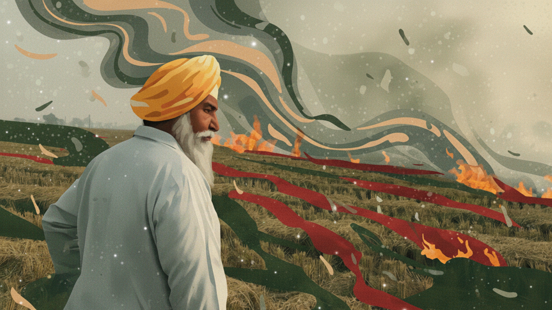 Indian farmer in traditional turban looking at burning crop residue fields